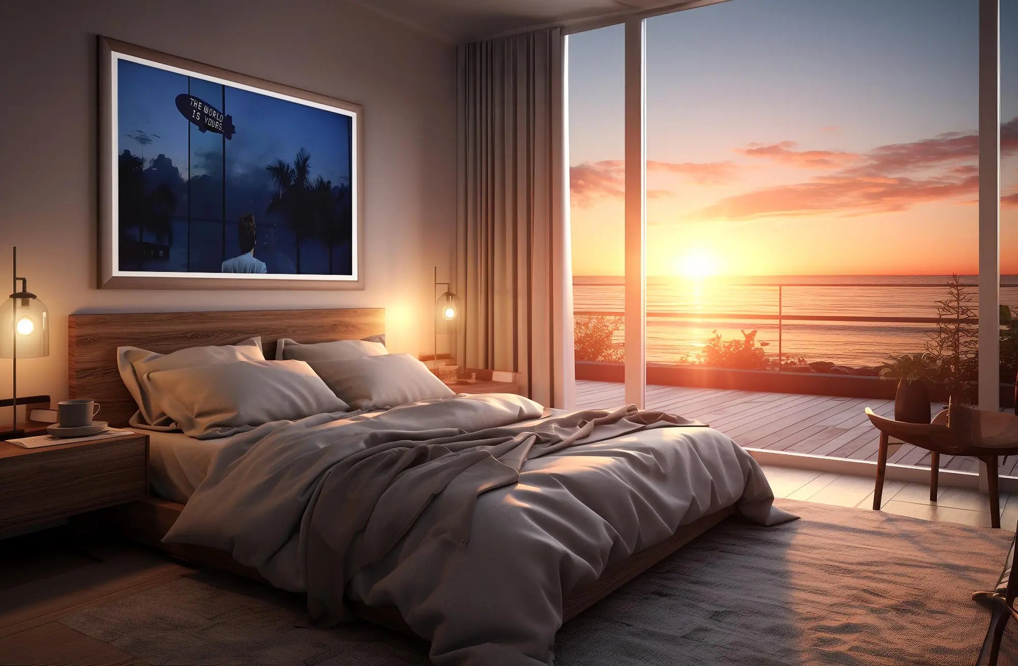 Modern bedroom with a large bed and a stunning sunset view through floor-to-ceiling windows.