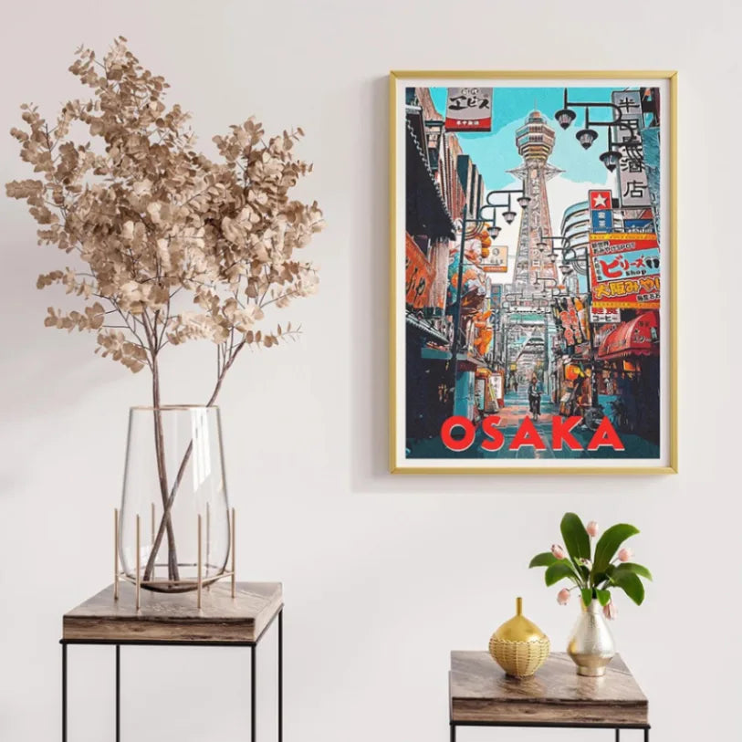 Osaka Streets Retro Travel Poster - Japan Vintage Wall Art & Tsutenkaku Tower Print - DreamBrothers