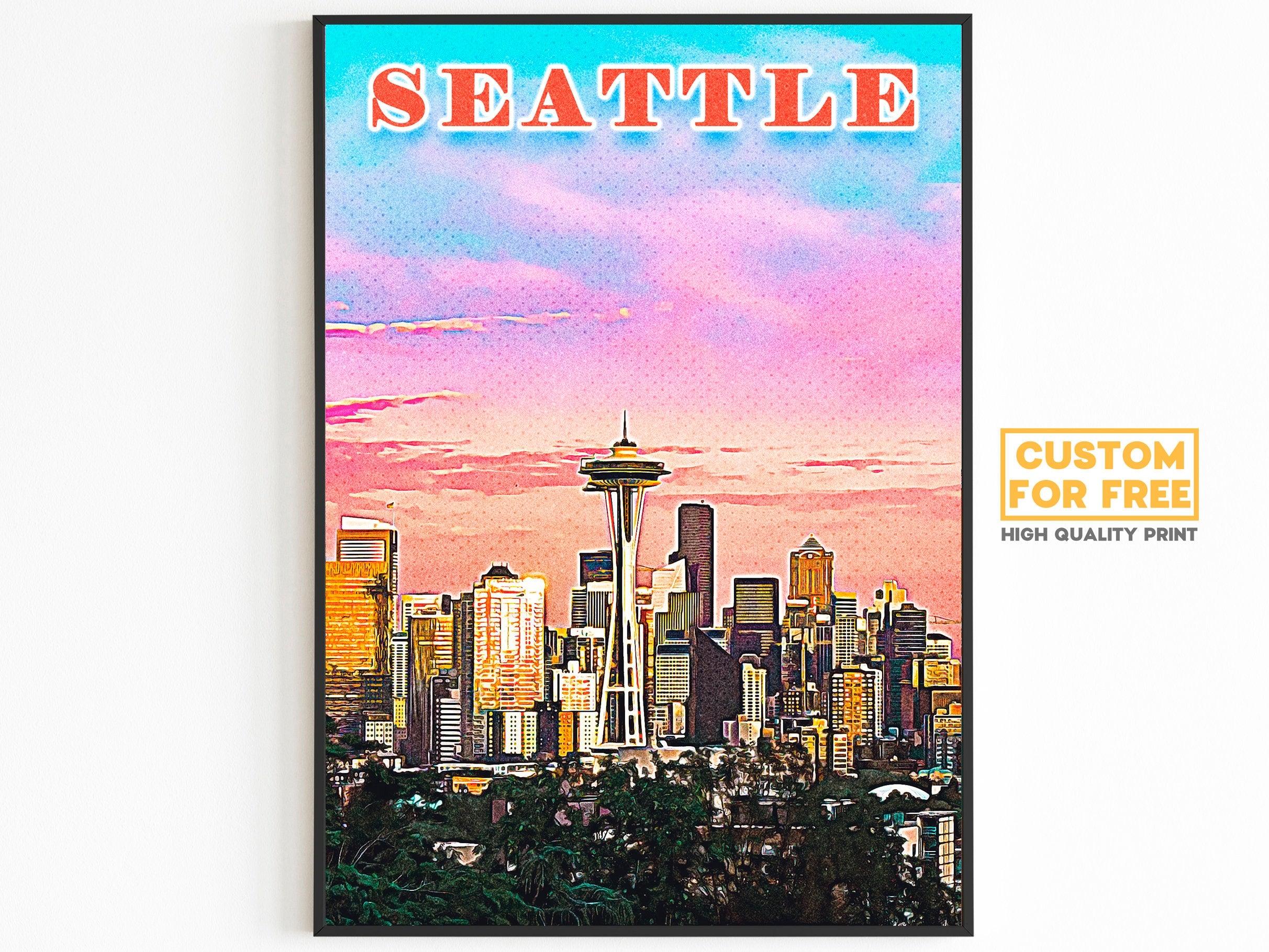 Seattle Poster • Printable Wall Art For World Traveller • Pink Orange Colorful • Retro Vibrant Print • USA Travel Gift • Digital Download - DreamBrothers