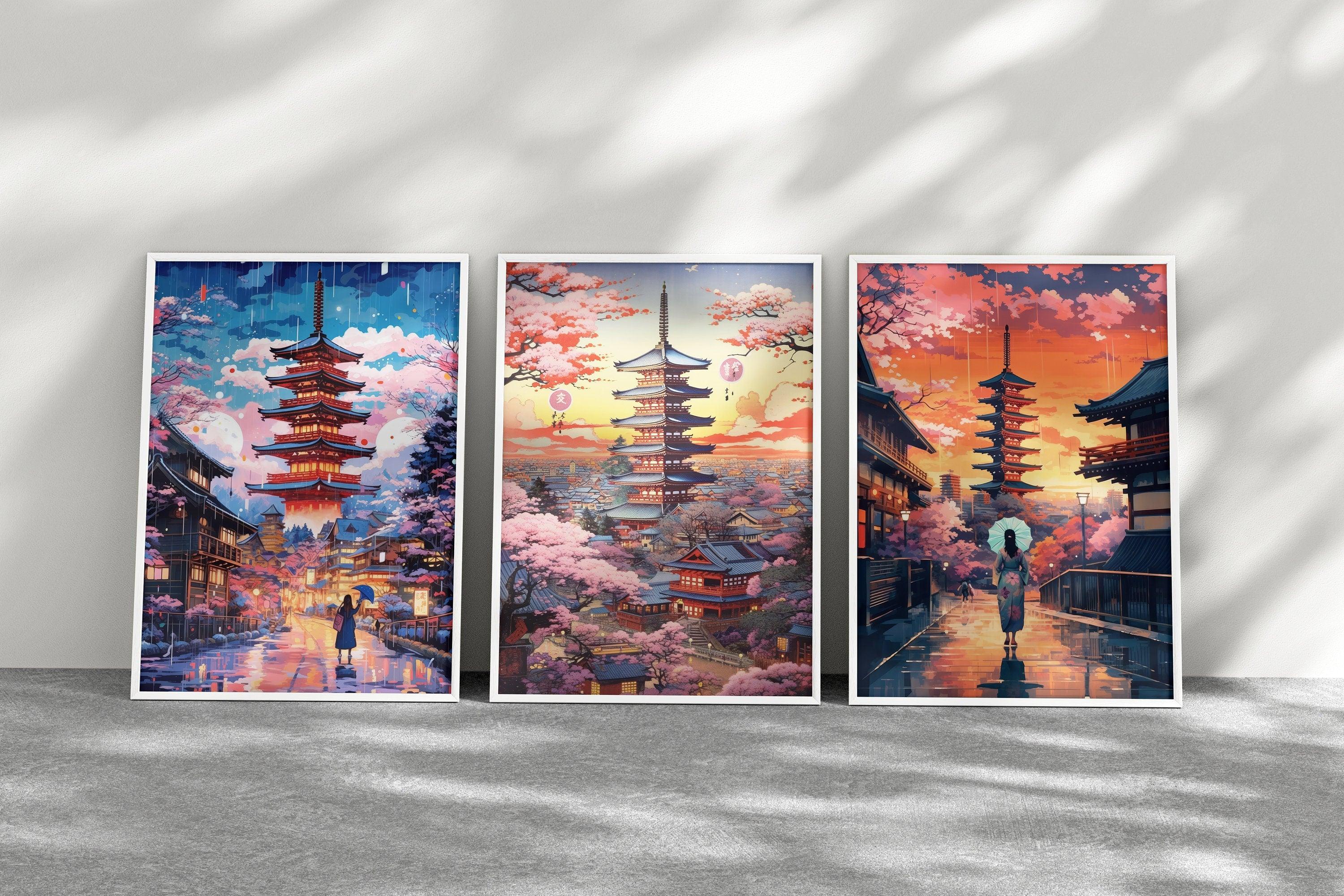 Kyoto Posters, Pink Cherry Blossom Print, 3 Piece Printable Wall Art, Set Of 3 Travel Poster, Japanese Colorful Set, Aesthetic Retro Poster - DreamBrothers