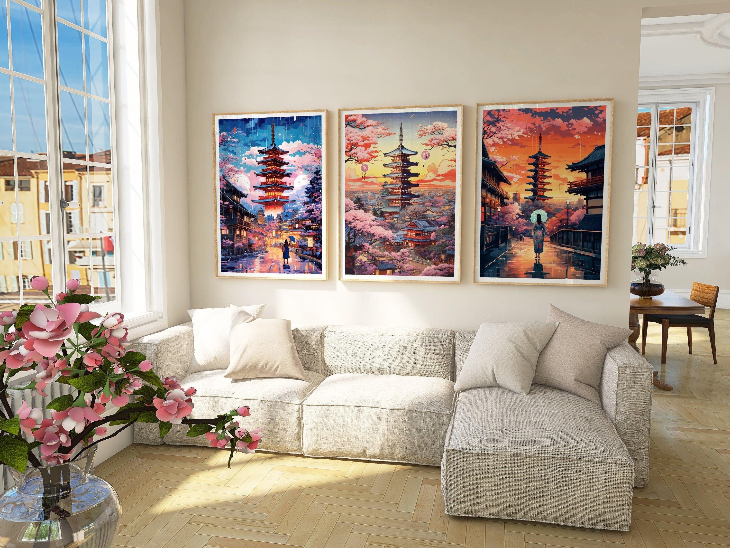 Kyoto Posters, Pink Cherry Blossom Print, 3 Piece Printable Wall Art, Set Of 3 Travel Poster, Japanese Colorful Set, Aesthetic Retro Poster - DreamBrothers