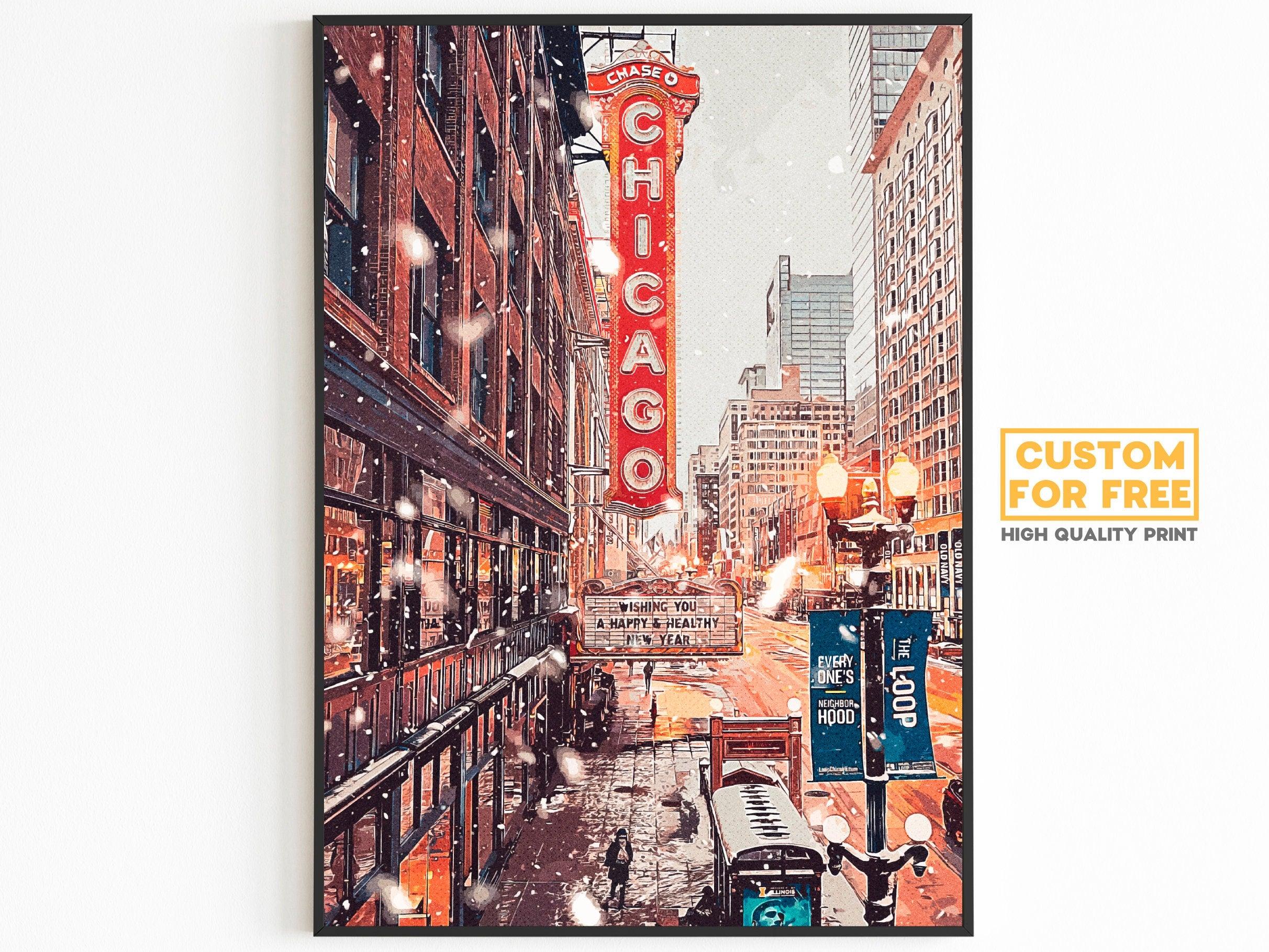 Chicago Poster, Christmas Winter Light Print, Theater Sign, Illinois State Gift, Snowflake Photo, New Year Light, United States Poster - DreamBrothers