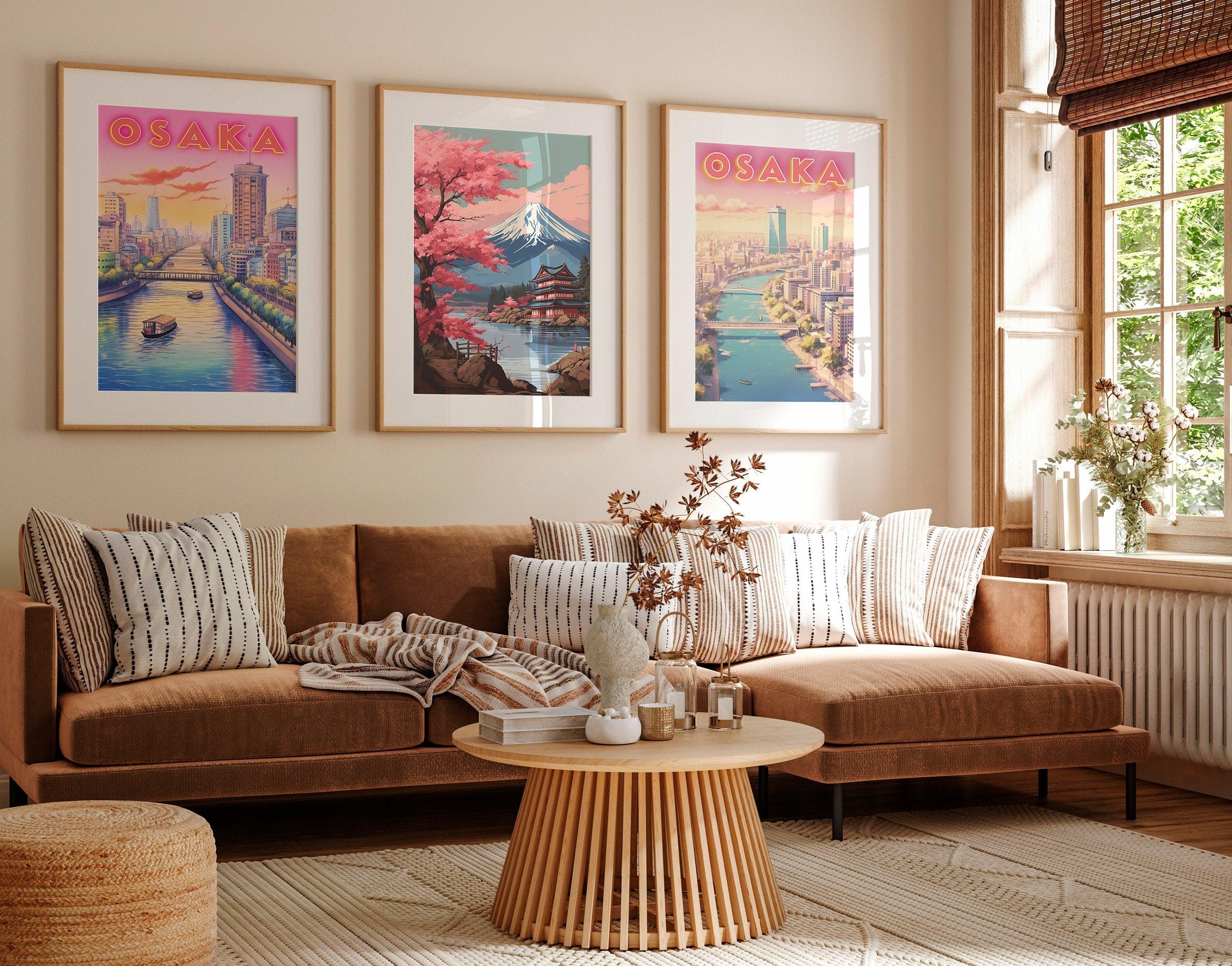 Set Of 3 Japan Poster, Pink Cherry Blossom Print, Mount Fuji Poster, Osaka Poster, Japanese Colorful Set, Home Decoration For Traveller - DreamBrothers