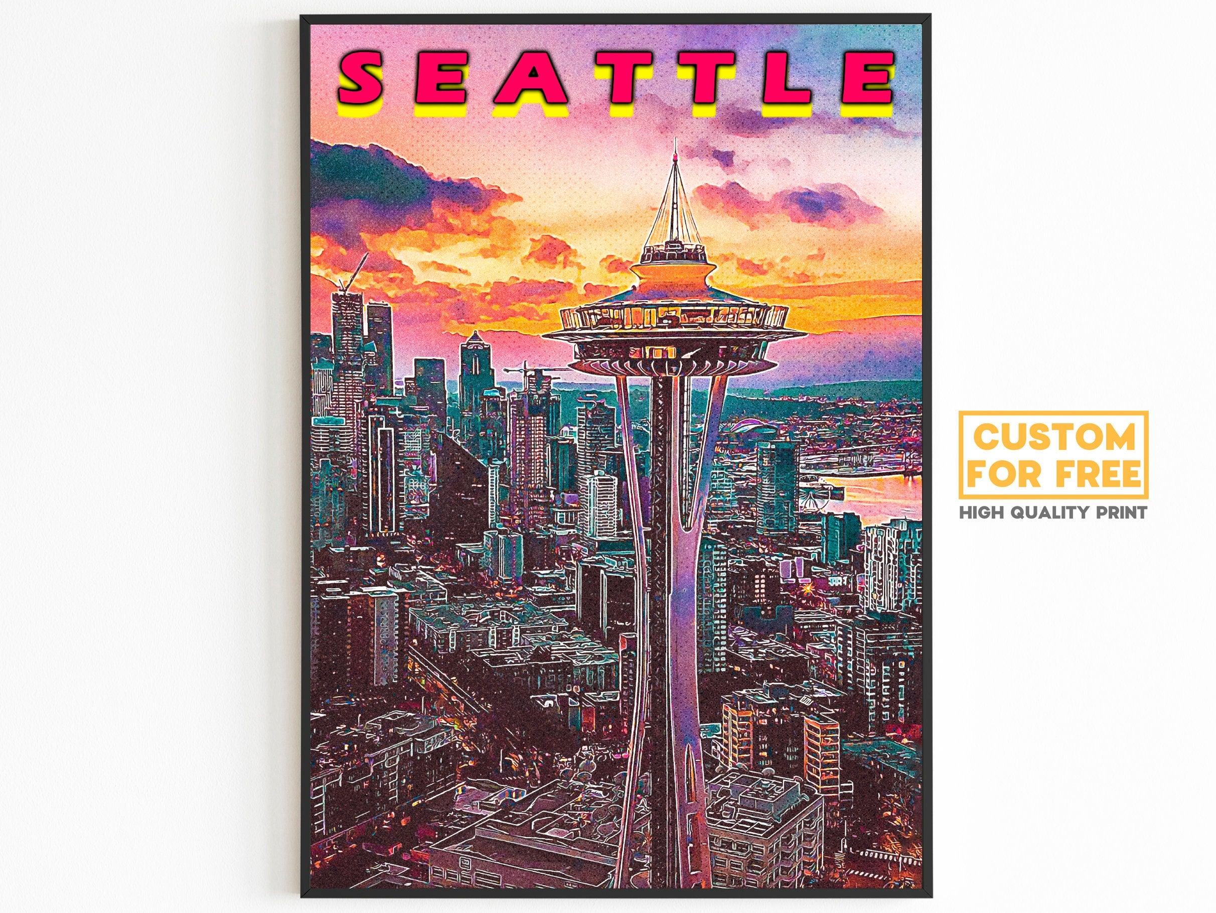 Seattle Poster, Vaporwave Sunset Clouds, Retro Vibrant Poster, Washington Colorful, Printable Wall Art For World Traveller - DreamBrothers