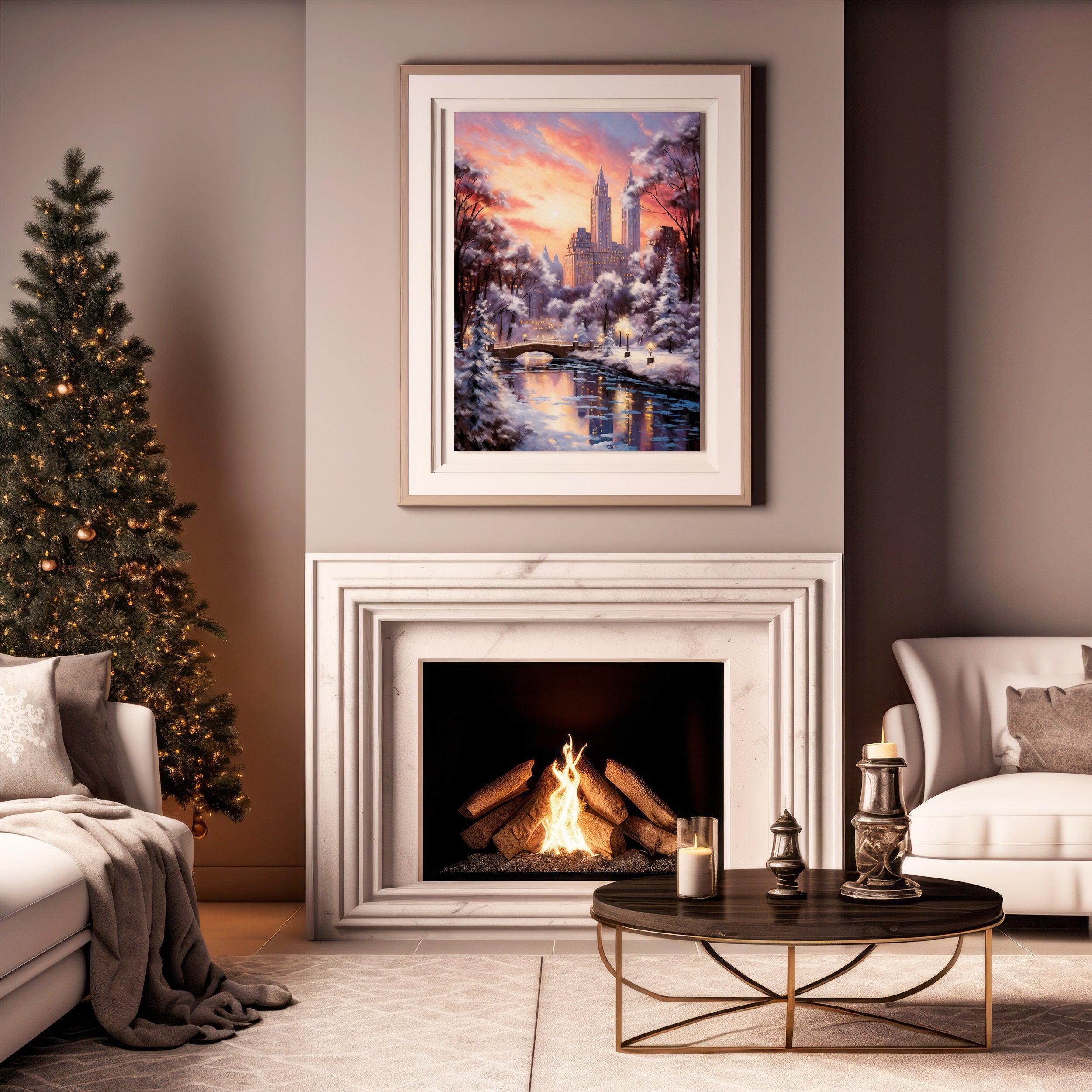 New York Winter Poster, Central Park Poster, Sunset Lights, Decor For World Traveller, Oil Painting Christmas Gift, Aesthetic Snowing - DreamBrothers