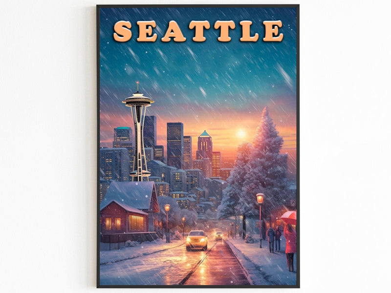 Seattle Vintage Poster, Sunset Light, Winter Nostalgic Art, Travel Poster Gift For Christmas, Washington Colorful, Decor For World Traveler - DreamBrothers