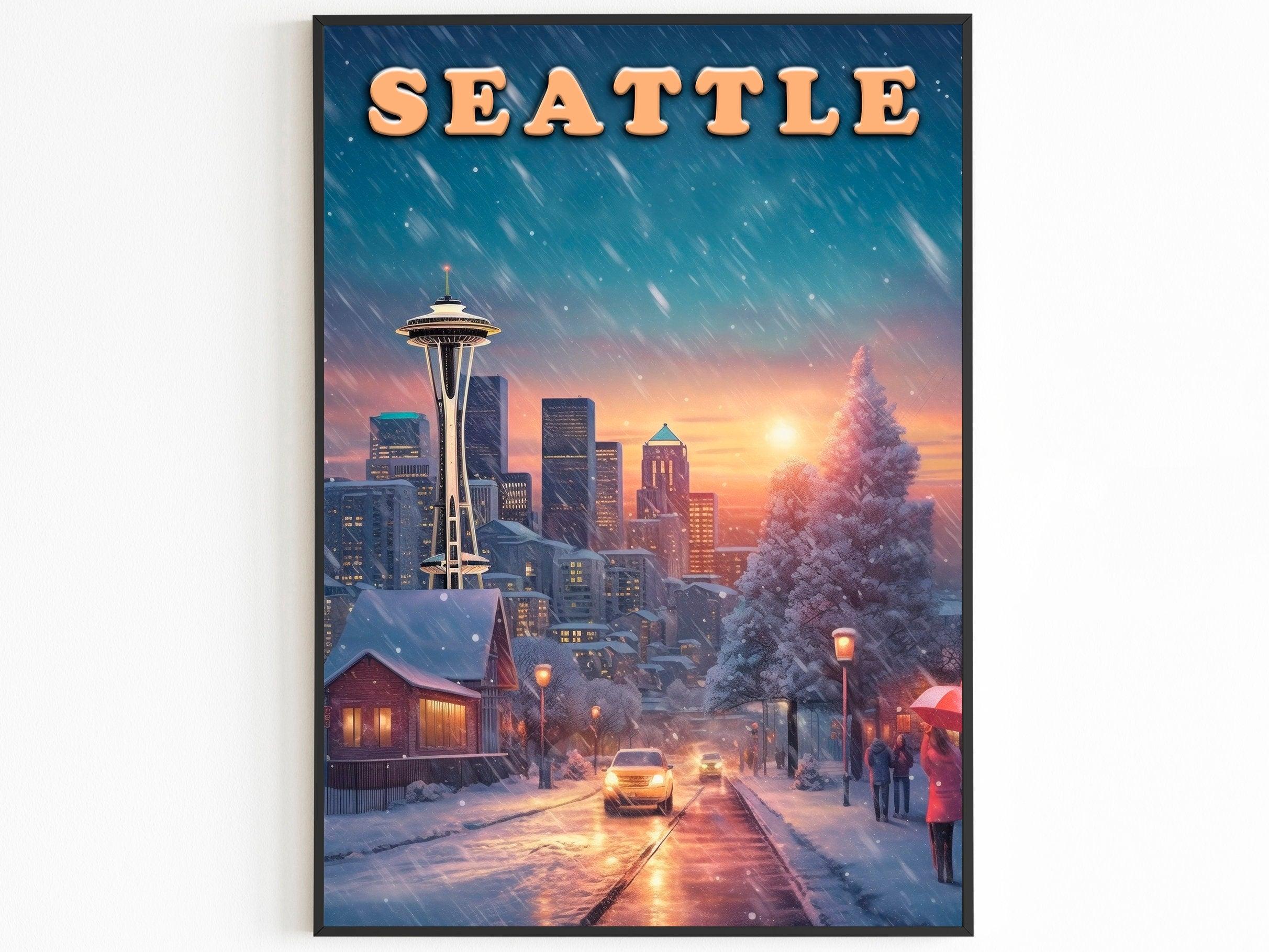 Seattle Vintage Poster, Sunset Light, Winter Nostalgic Art, Travel Poster Gift For Christmas, Washington Colorful, Decor For World Traveler - DreamBrothers