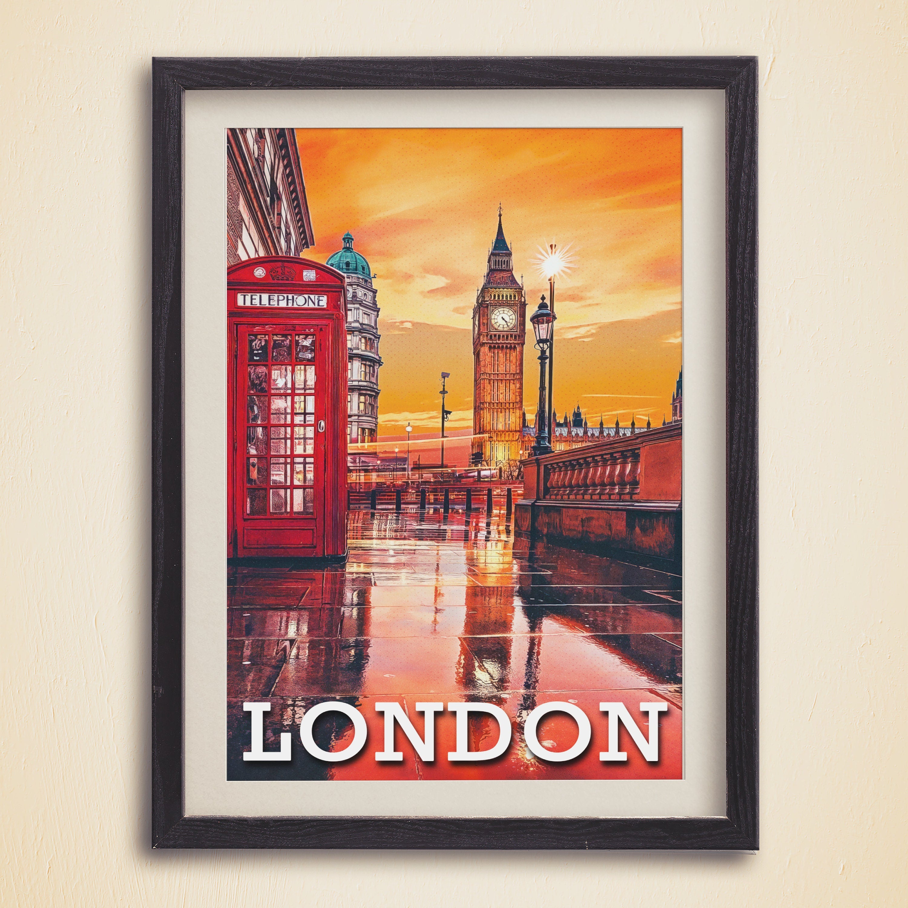 London Poster, Red Phone Booth, Big Ben, Rain Wall Art, Vibrant Colorful Sunset, UK Travel Gift, Aesthetic Room Decor For Traveller - DreamBrothers