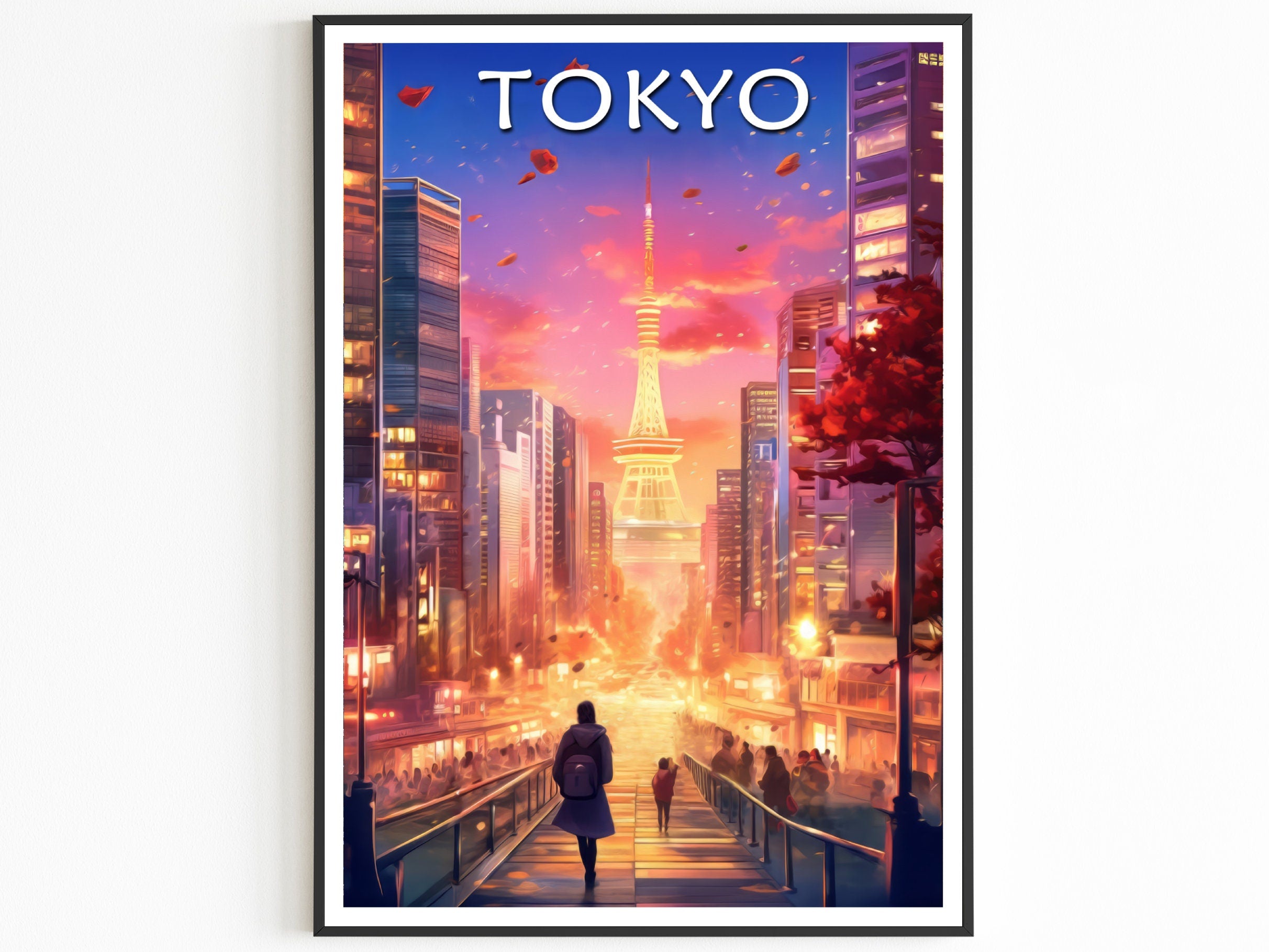 Tokyo Poster, Japanese Wall Art, Romantic Sky, Oil Painting Print, City Lights, Colorful Travel Poster, Decor For World Traveller - DreamBrothers