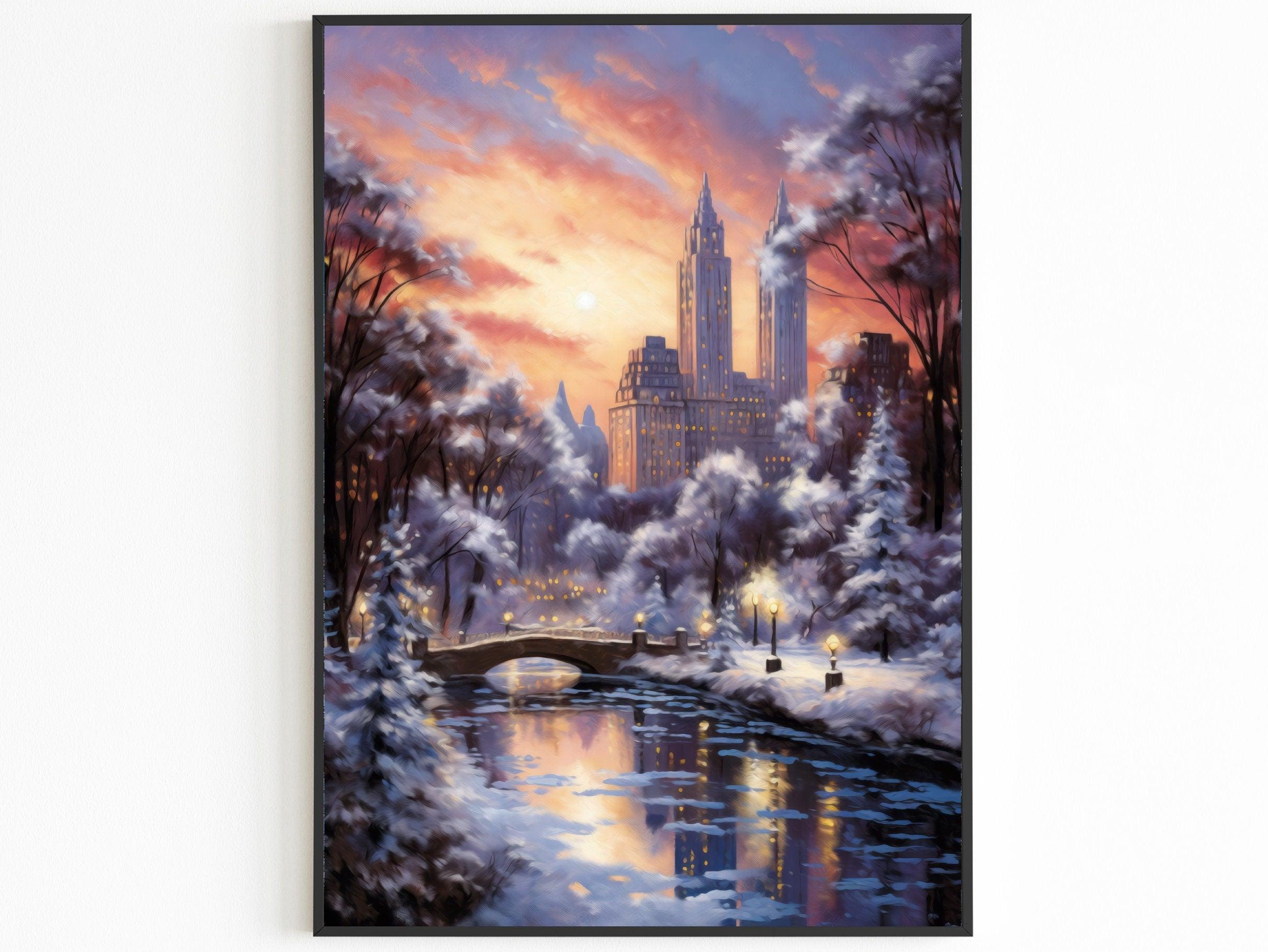 New York Winter Poster, Central Park Poster, Sunset Lights, Decor For World Traveller, Oil Painting Christmas Gift, Aesthetic Snowing - DreamBrothers