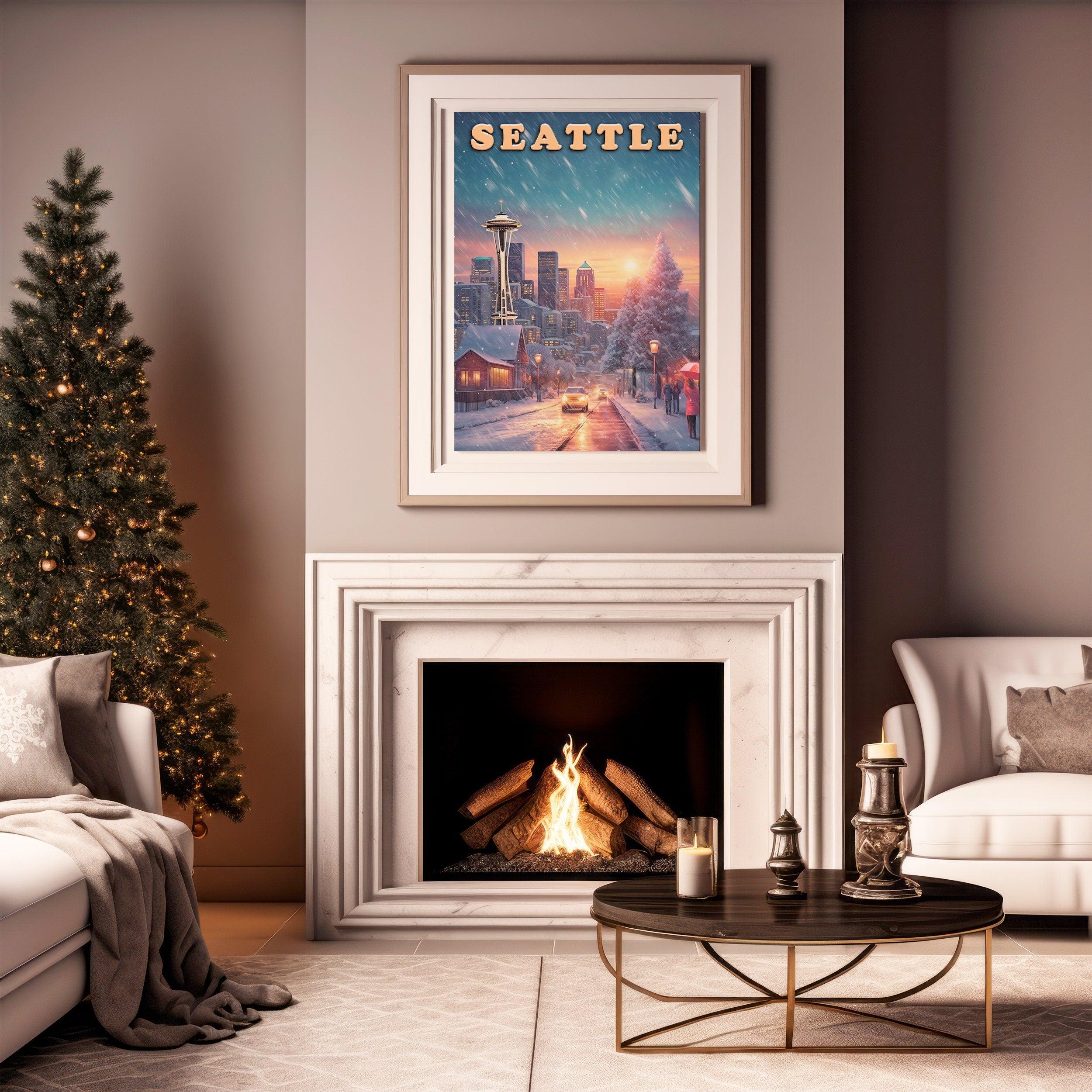 Seattle Vintage Poster, Sunset Light, Winter Nostalgic Art, Travel Poster Gift For Christmas, Washington Colorful, Decor For World Traveler - DreamBrothers