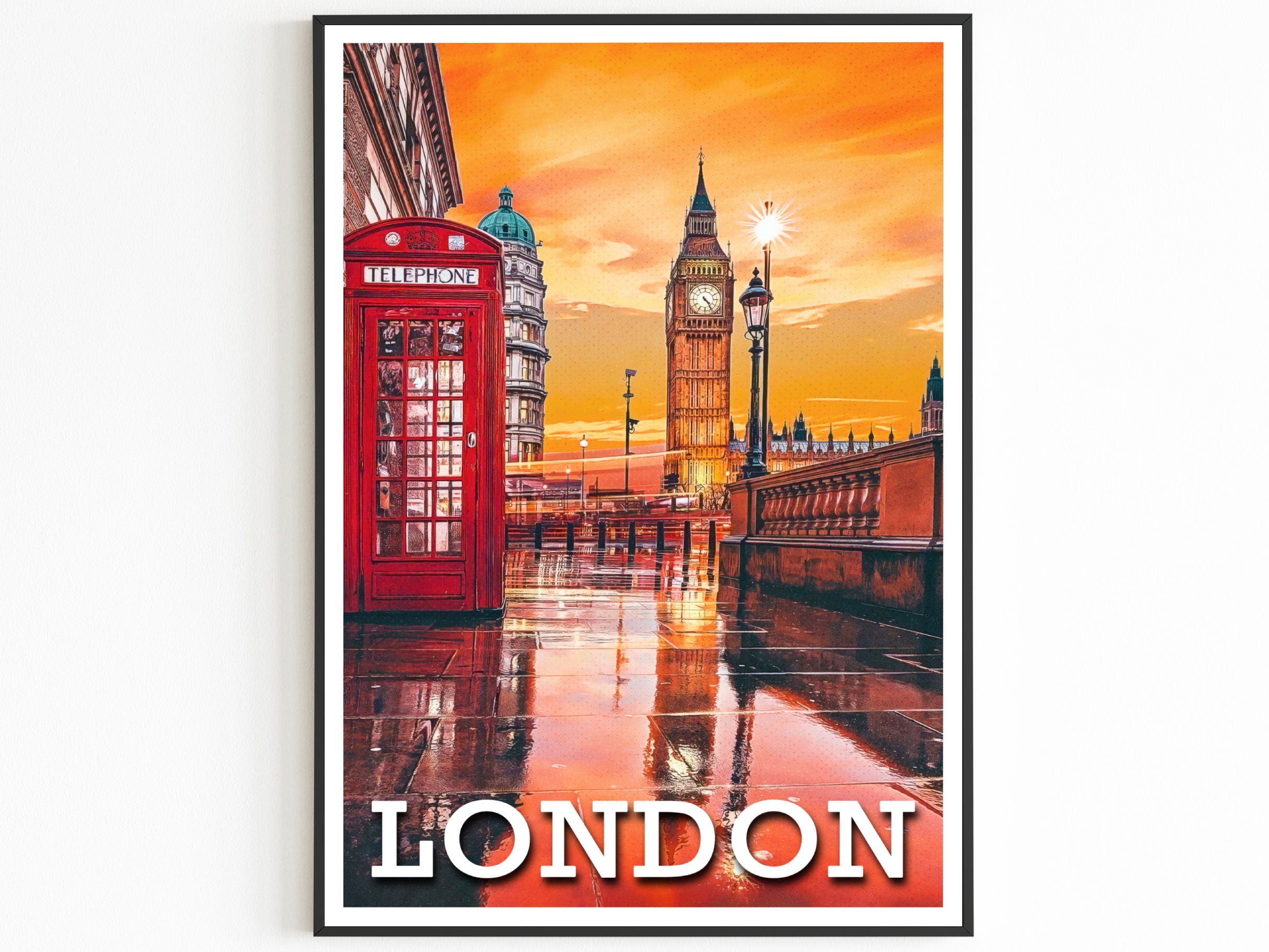 London Poster, Red Phone Booth, Big Ben, Rain Wall Art, Vibrant Colorful Sunset, UK Travel Gift, Aesthetic Room Decor For Traveller - DreamBrothers