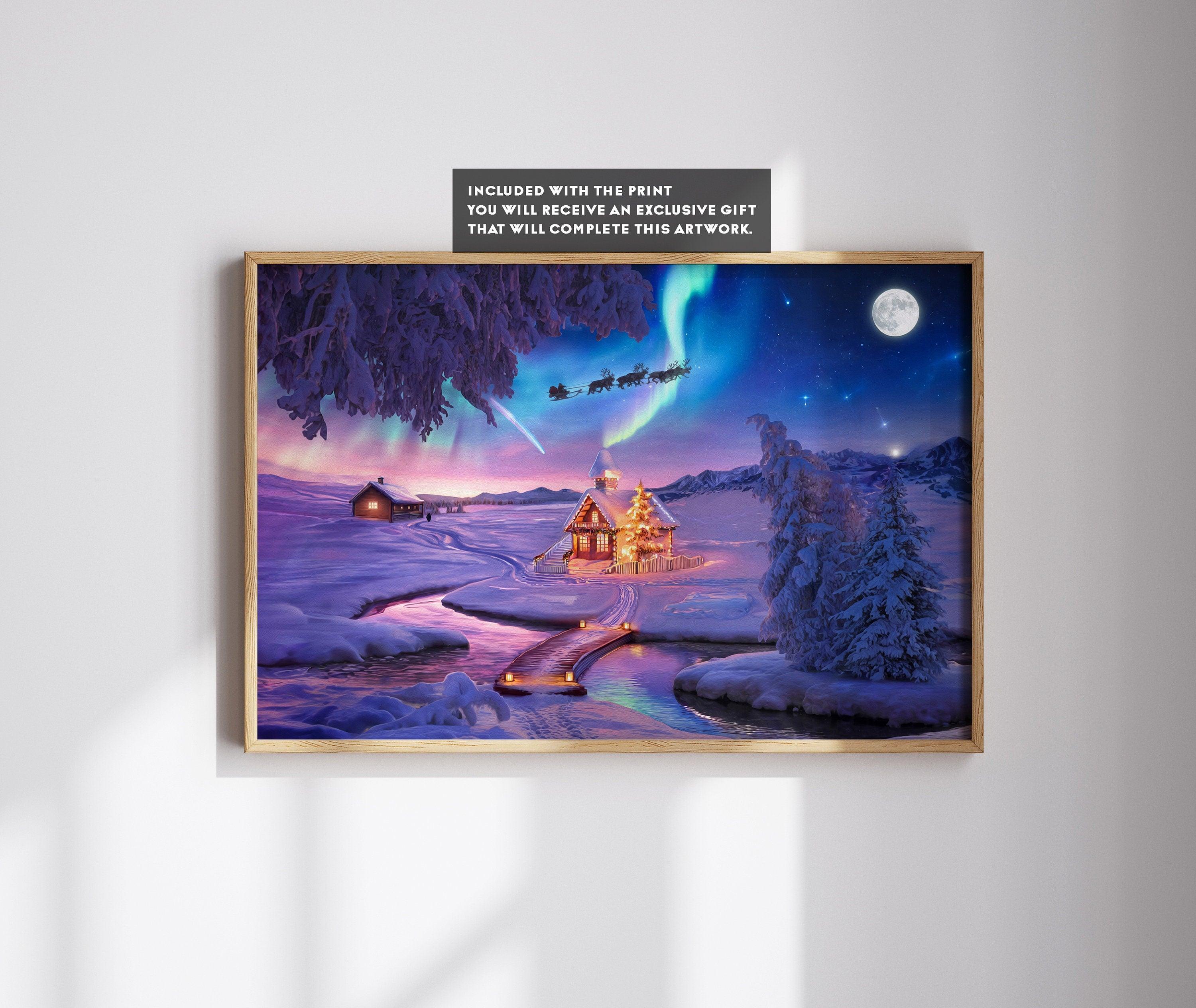 Handmade Christmas Wall Art Gift, Aurora Borealis Poster, Colorful Starry Sky, Mountain Oil Painting Room Decor, Northern Lights Printable - DreamBrothers